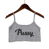 PUSSY Letters Print Girls Fashion SummerTops Sexy Seamless Lovely Sleeveless Tank Top Summer Camis Backless Camisole Crop Top