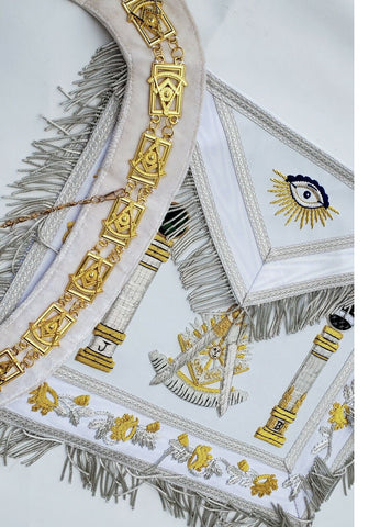 Masonic Grand Lodge Past Master White Hand Embroidered Apron & Golden Plated Chain Collar on White Velvet